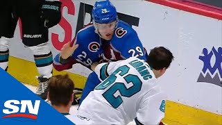 Nathan MacKinnon Fights Kevin Labanc After Samuel Girard Gets Hit Into Boards [upl. by Lanahtan]