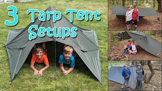 Camping  3 Tarp Tent Setups so easy even a kid can do it [upl. by Kachine]