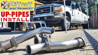 2001 F350 73  RiffRaff UpPipes Install  Stock up pipes leaking and falling apart JUNK SP [upl. by Eytteb]