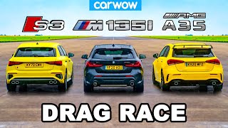 Audi S3 v BMW M135i v AMG A35  DRAG RACE [upl. by Haidabo373]